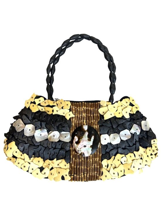 Handmade Handbags - Handmade Woven Bag Black Beige Iridescent Shells Wood Boho Beach Casual Purse